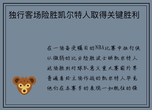 独行客场险胜凯尔特人取得关键胜利