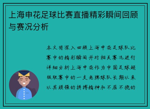 上海申花足球比赛直播精彩瞬间回顾与赛况分析